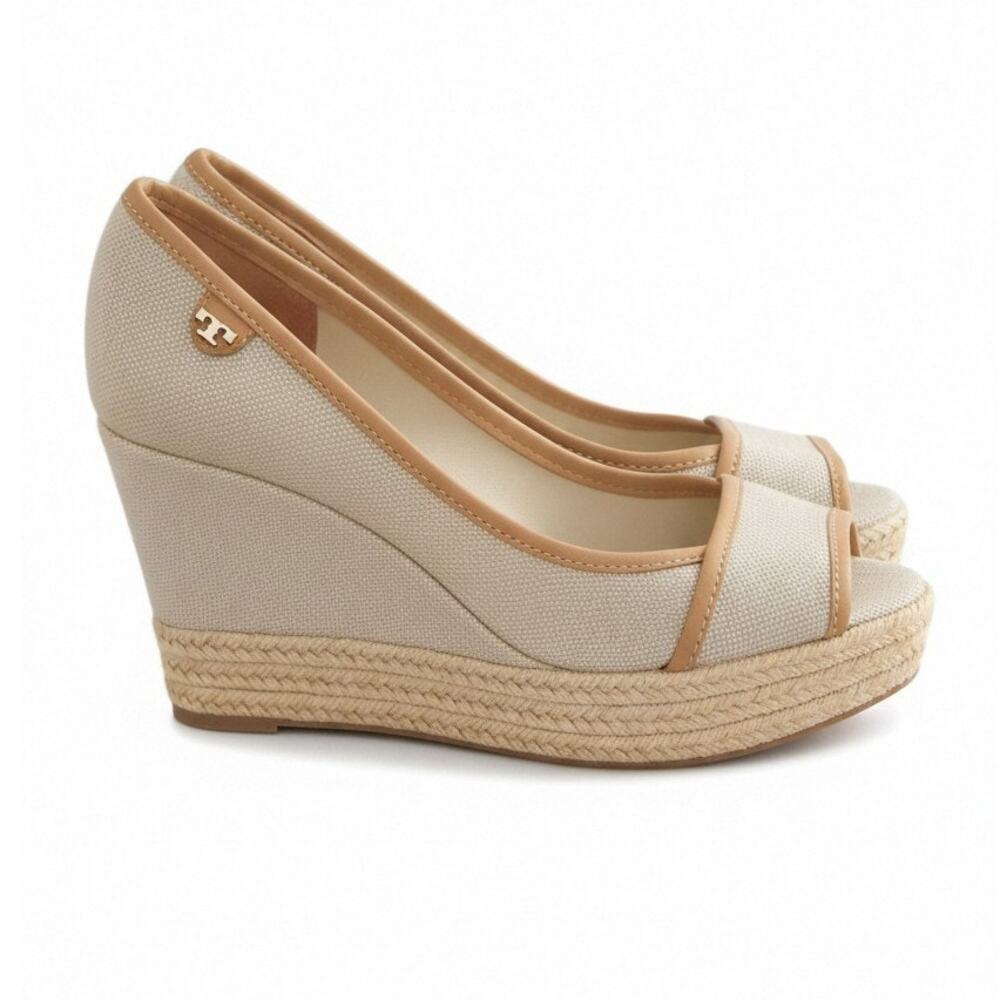 Tory Burch Canvas & Leather Peep-Toe Espadrille Wedge Heels - Size 7.5 (37.5)